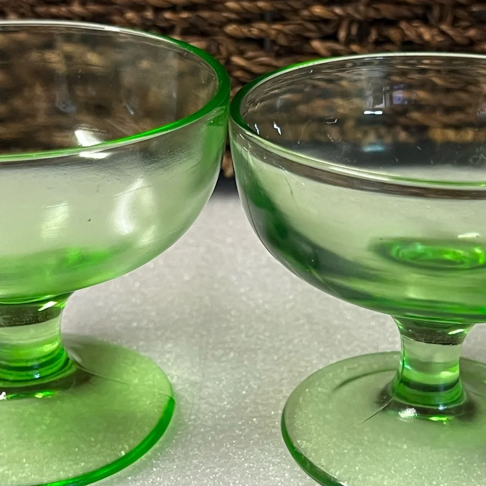 Uranium / Vaseline Glass Vintage Sherbet Ice Cream Pedestal Serving Dishes - 2